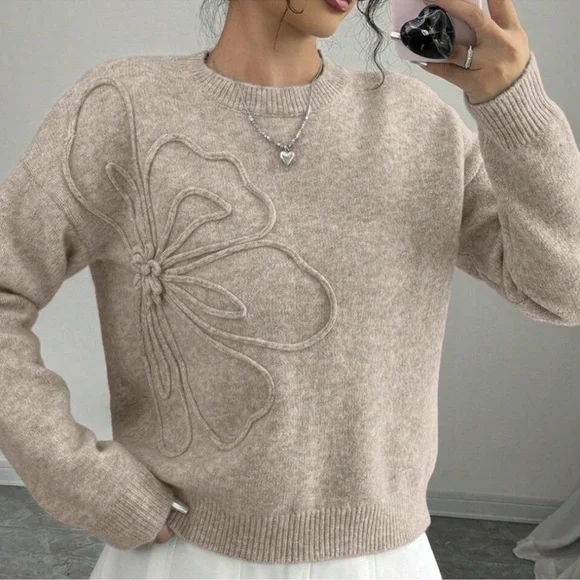 Classic Floral Textured Round Neck Knit Sweater Top S M L - Picture 4 of 5